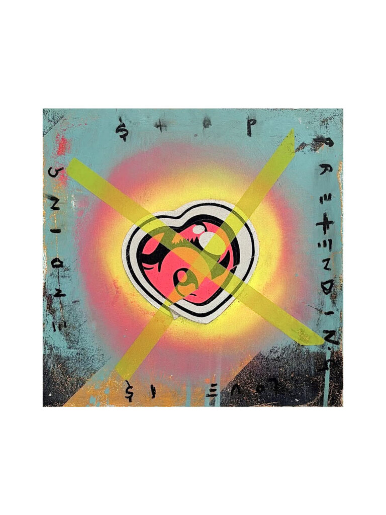 Stop pretending love is ending
Acrylic, spray paint & oil stick on board 
30 x 30 cm
$850.00