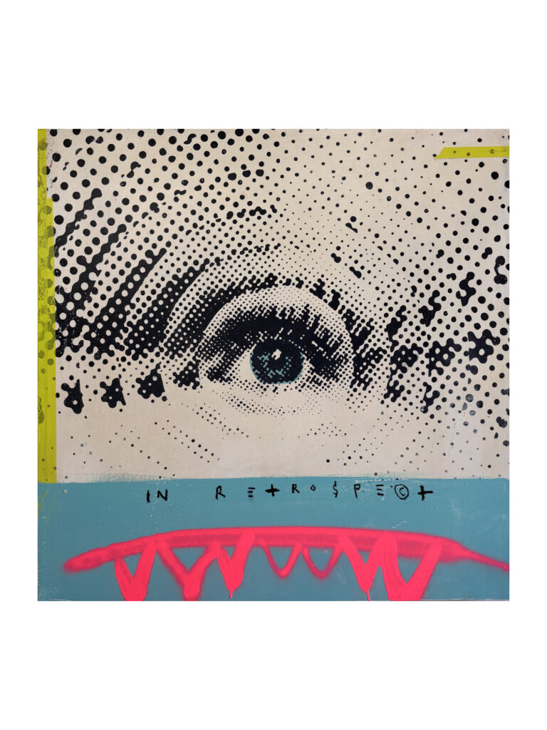 In retrospect Acrylic, spray paint & oil stick on board 80 x 80 cm $2400.00
