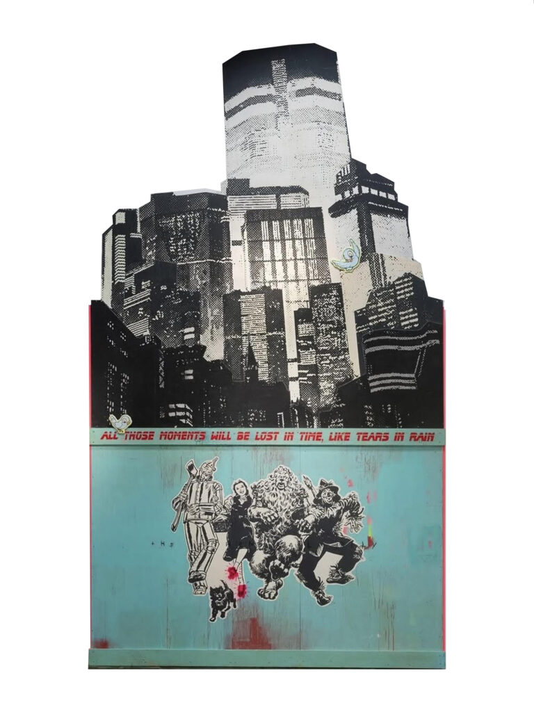 The ephemeral city
Acrylic, spray paint, oil stick & polyurethane on assembled board & timber
530 x 300 cm
$75,000.00