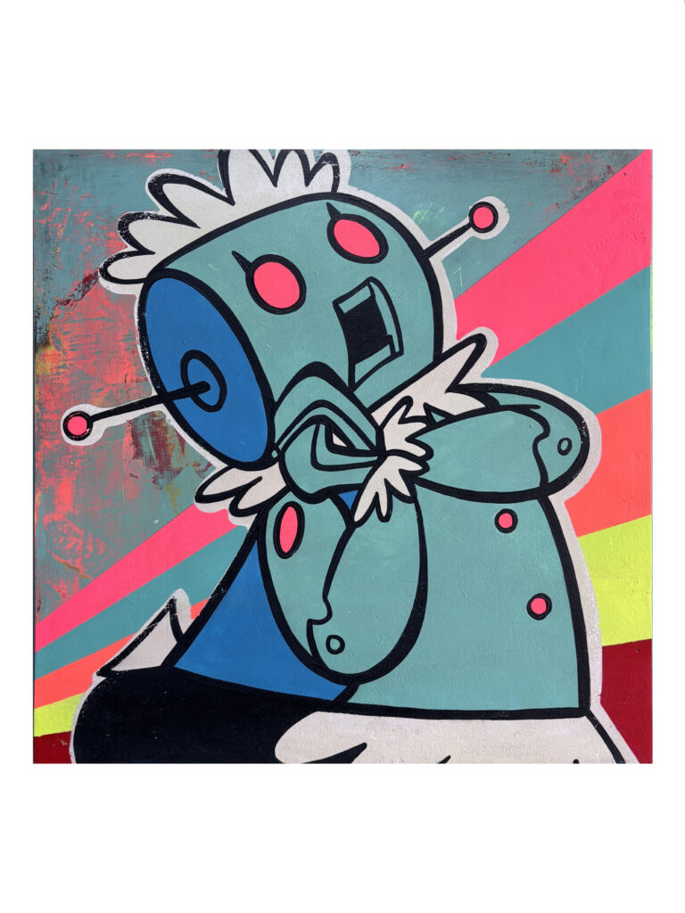 Warm embrace of machine Acrylic paint & spray paint on board 40 x 40 cm $1000.00